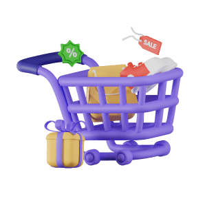 Shopping cart filled with products and a sale tag